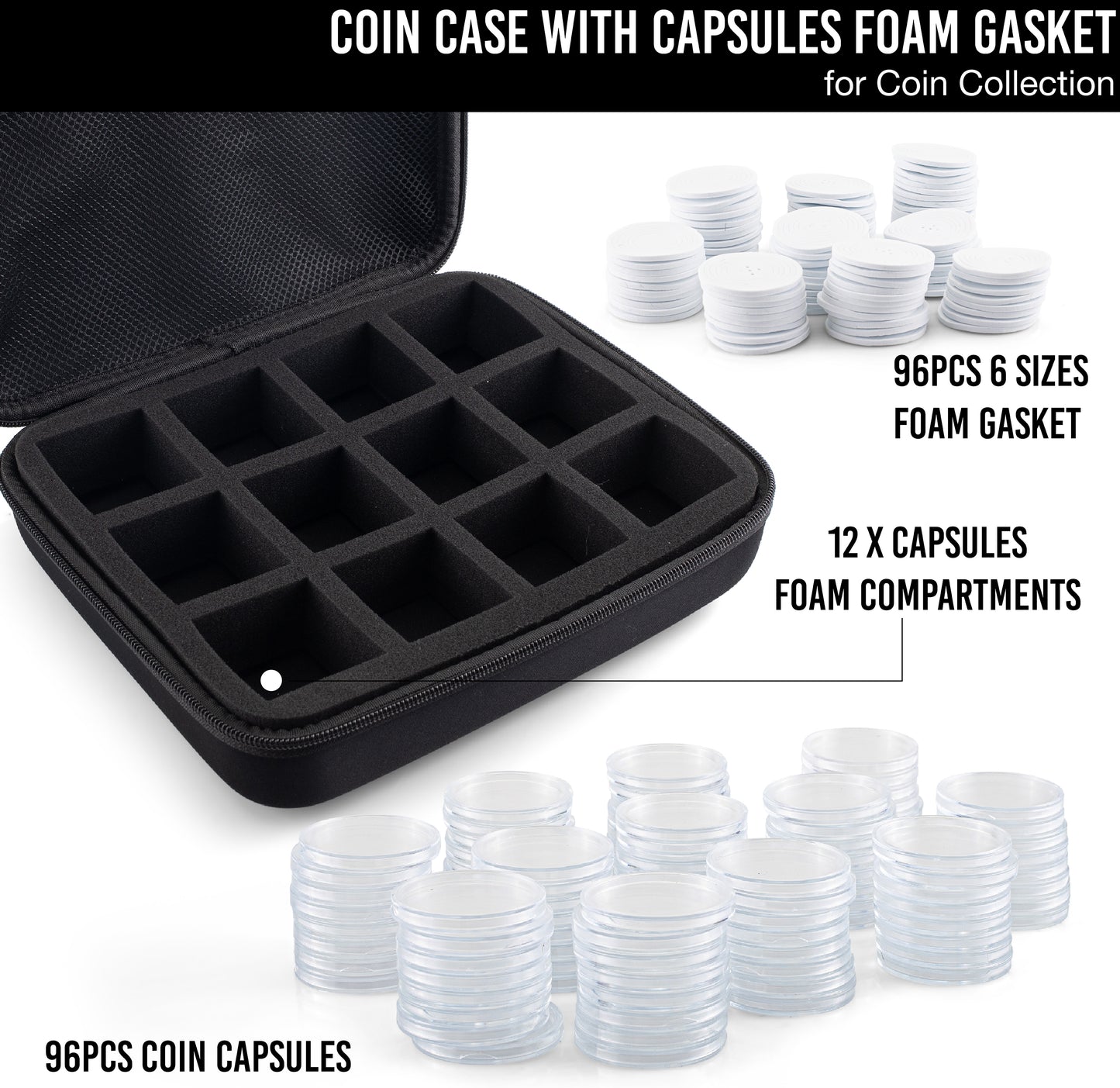 Coin Case with Capsules Foam Gasket 6 Sizes Pads - Coins Collector Case Holder for Coin Collection Supplies (96 Capsules)