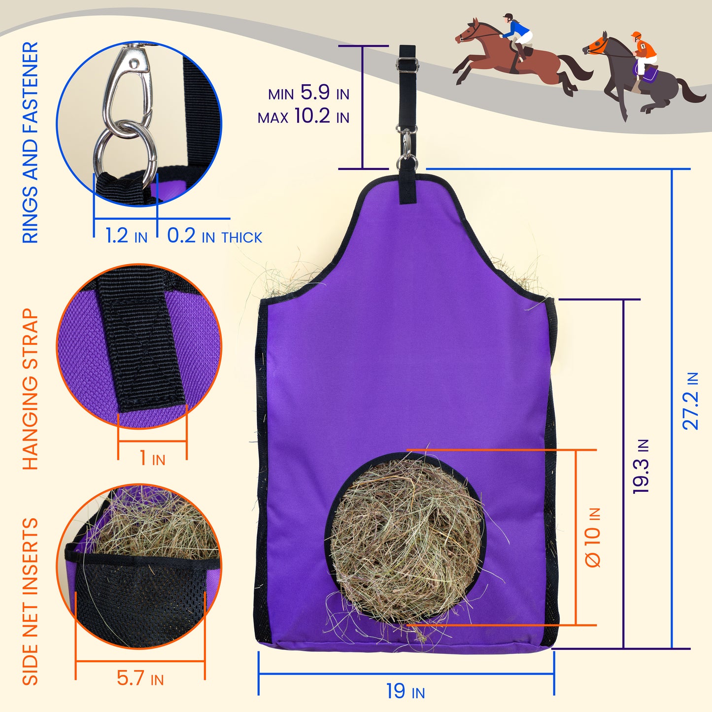 HIRQUITICKE 2 Pack Premium Durable Horse Slow Feed Hay Bag with Metal Snap Fastener and Heavy Adjustable Strap