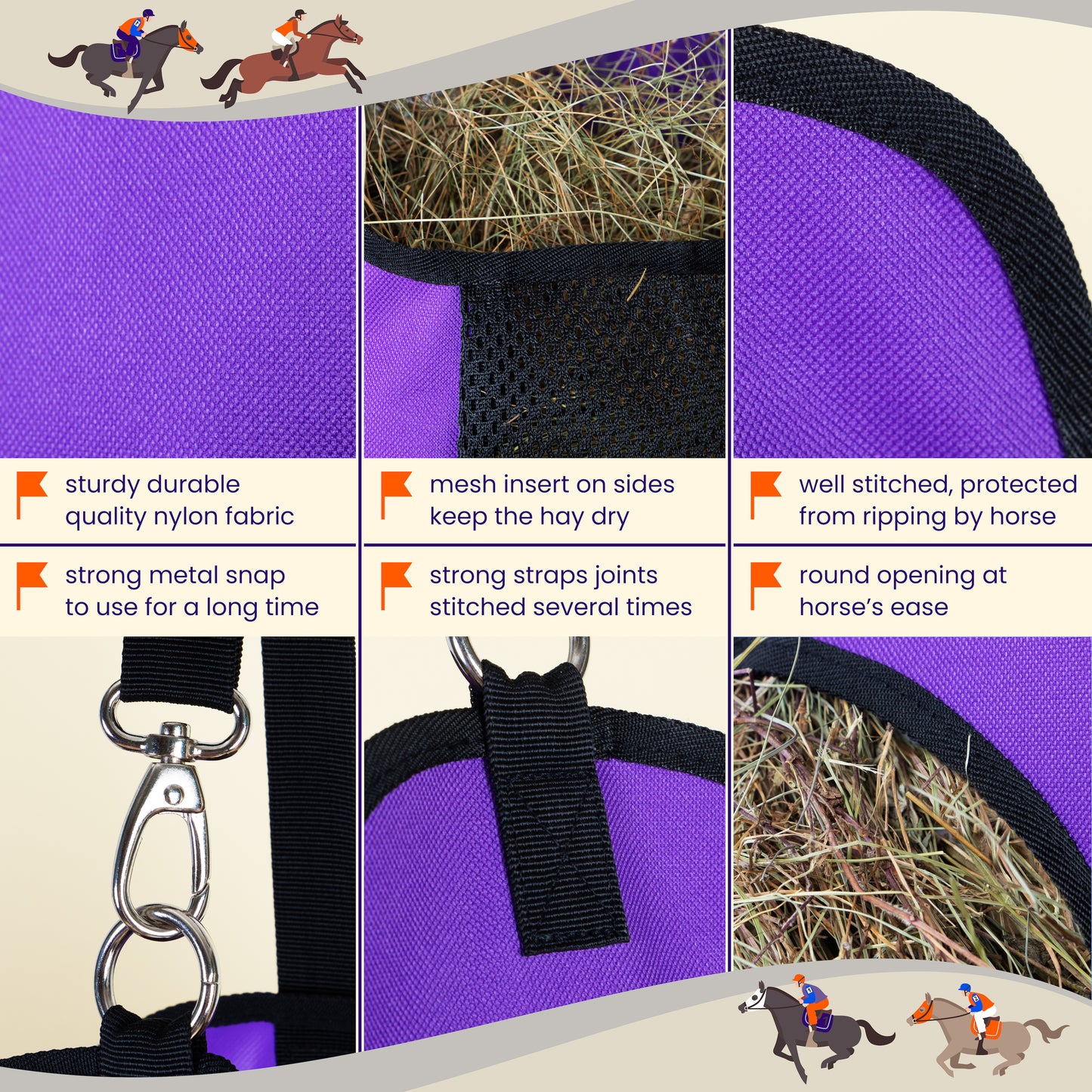 HIRQUITICKE 2 Pack Premium Durable Horse Slow Feed Hay Bag with Metal Snap Fastener and Heavy Adjustable Strap